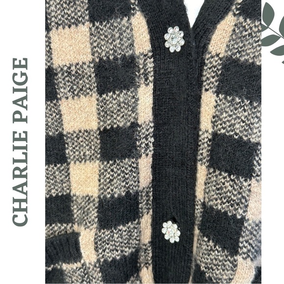 Charlie Paige Oversized Checker Sweater Vest Taupe Black Rhinestone Button XS - Picture 5 of 7